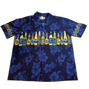 KY'S Men's Hawaiian Shirt Aloha Beer Bottle Print Button‎ Up Size L